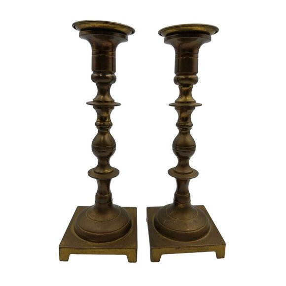 2 Brass Candlestick Holders Square Base Marked W Inc. Brass Plated Shabbat Cups - Picture 10 of 12